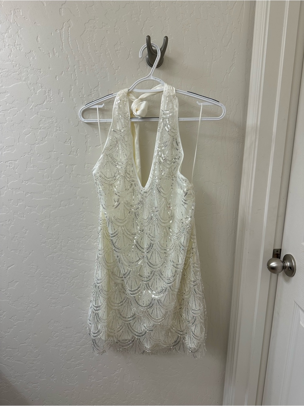 12th Tribe Ivory Beaded Halter Mini Dress